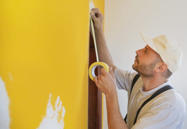 Man putting tape on the wall. The simple step for the quick and Man putting tape on the wall. The simple step for the quick and